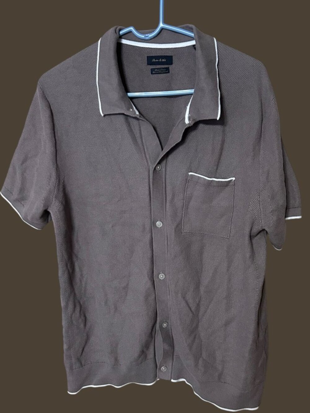 Porter & Ash Men’s Large Taupe Knit Button-Up Shirt Retro Tipped Collar Short Sl